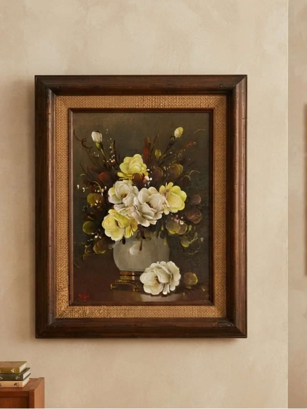 2x 1950s Vintage Hand painted Framed Floral Wall Art in Brown White and Yellow
